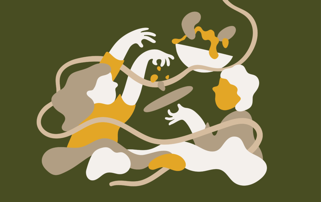 Complete Catering Co Playful food illustration of two people sharing a messy meal with spaghetti and sauce on a green background.