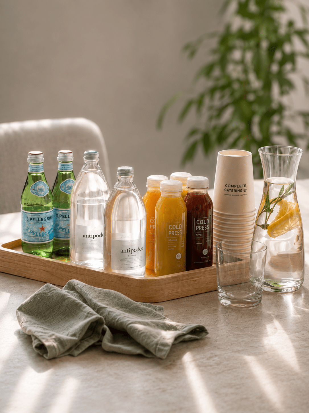 Bottled juices and refreshments arranged for office catering service.