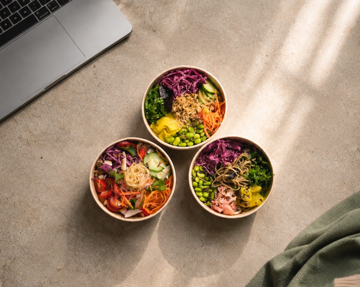 Three colourful poke bowls arranged beside a laptop for an office lunch.