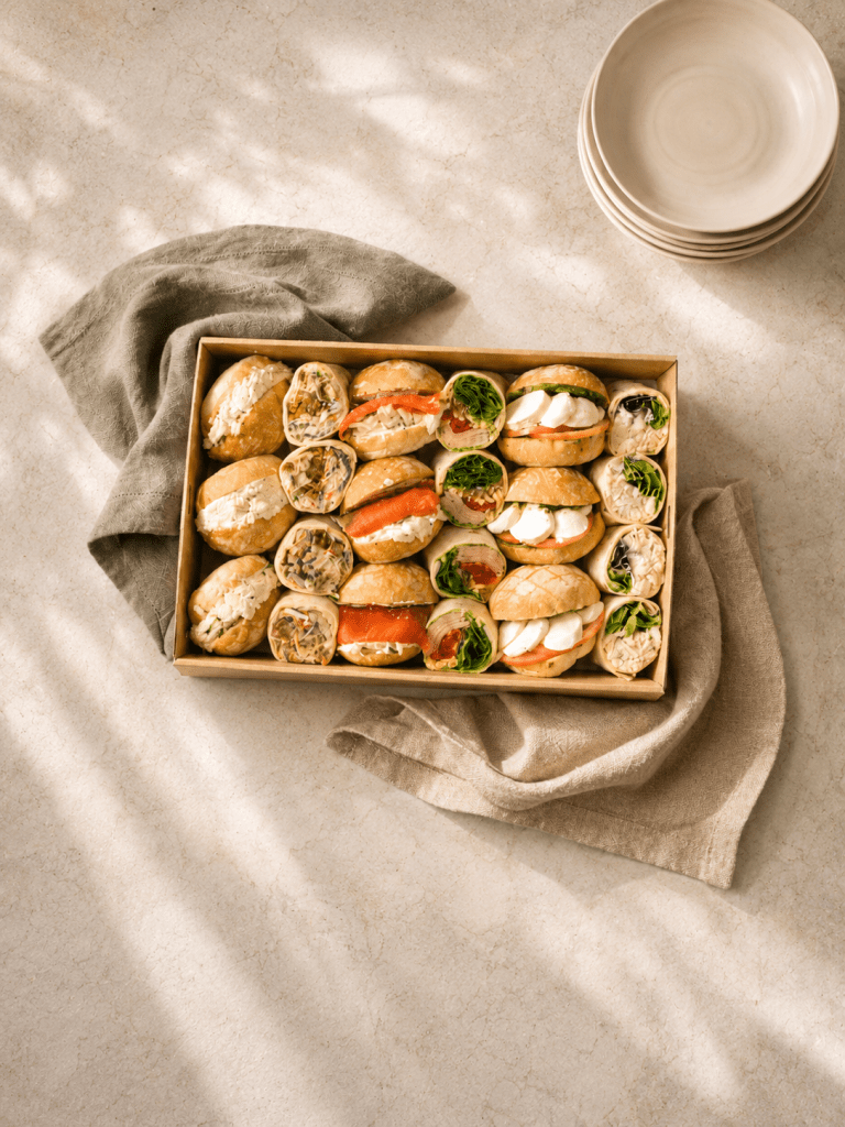 A colourful office lunch platter prepared for delivery.