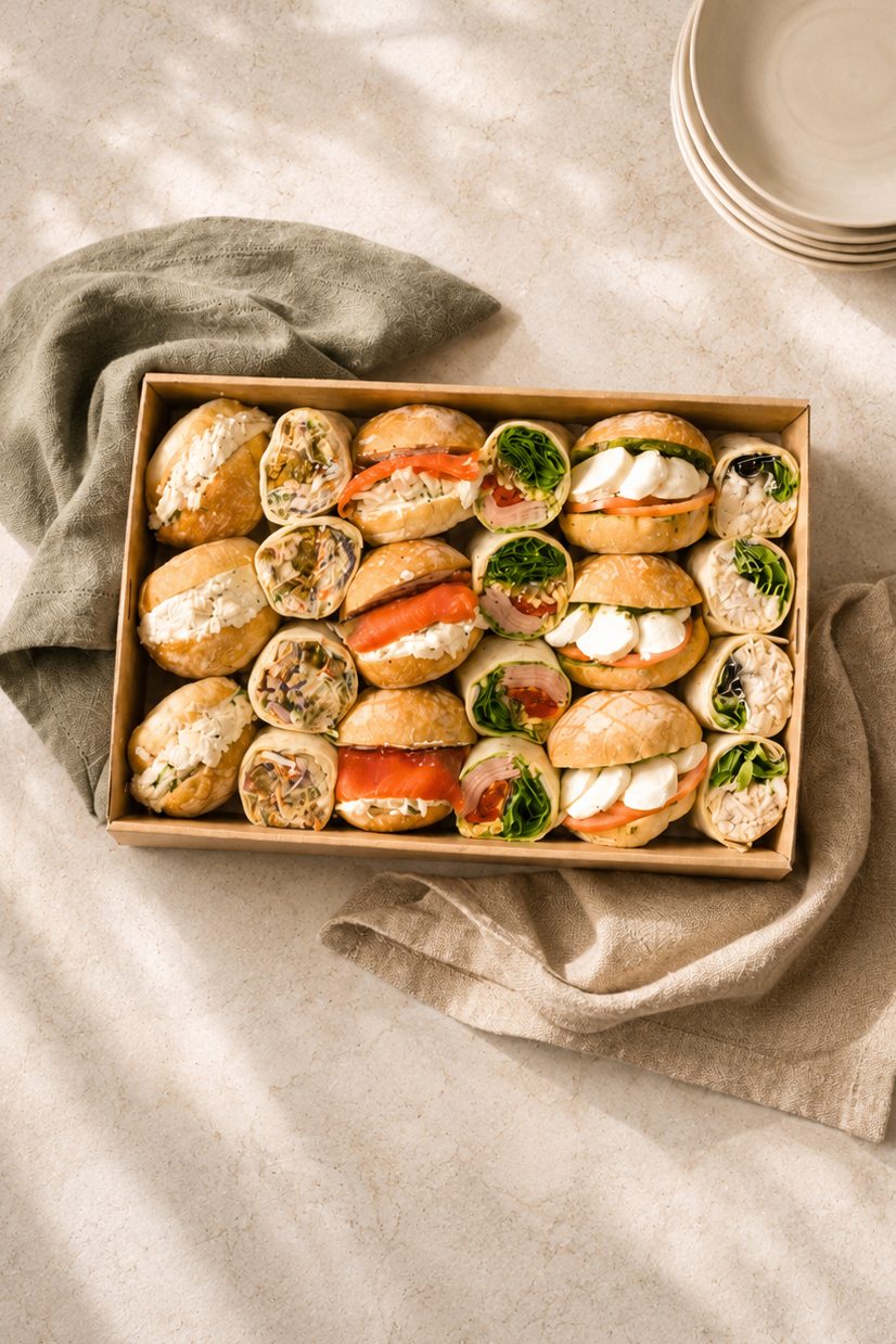 A sandwich, roll and wrap selection prepared for office lunch catering.