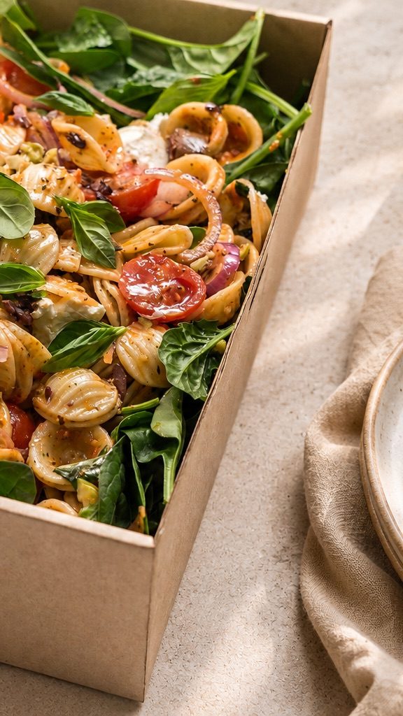 A shared pasta salad with tomatoes, basil, greens and dressing prepared for office catering.