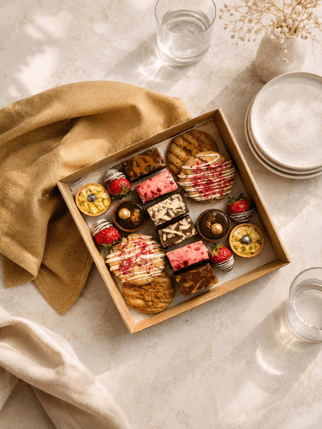 Brownies, tartlets and decorated sweets prepared for an event.